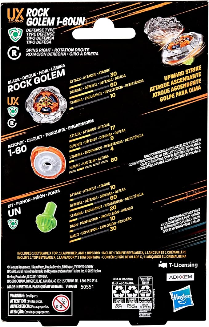 Hasbro Beyblade X, Set Starter Pack Rock Golem 1-60UN UX con Trottola e Lanciatore