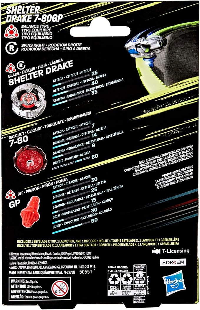 Hasbro Beyblade X, Set Starter Pack Shelter Drake 7-80GP BX con Trottola e Lanciatore