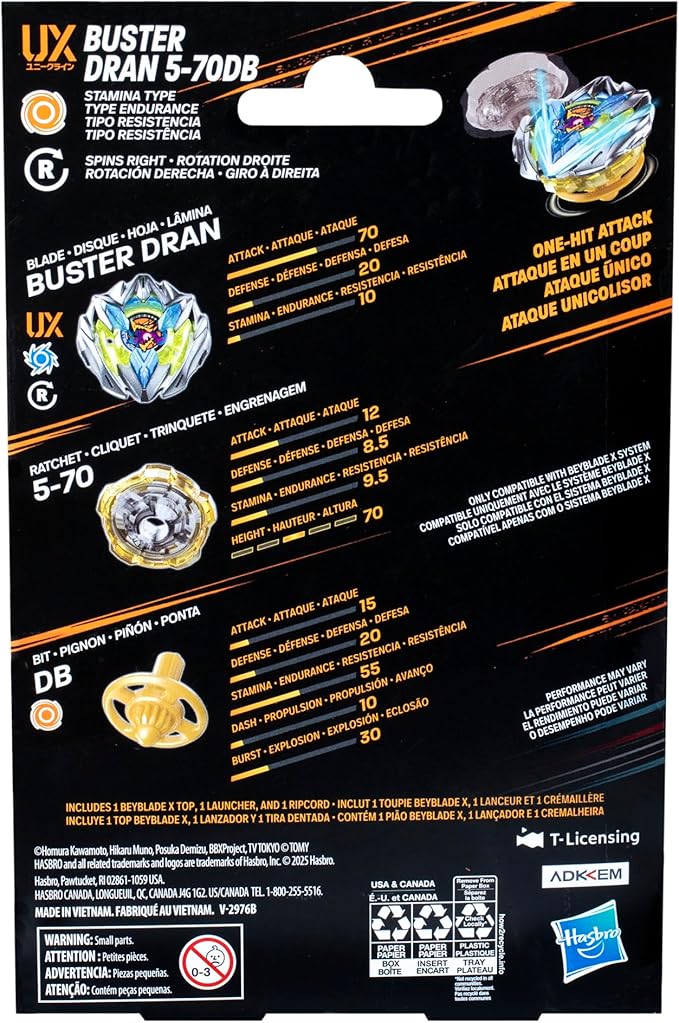 Hasbro Beyblade X Buster Dran 5-70DB UX Starter Pack Set con Stamina Type Top e Launcher